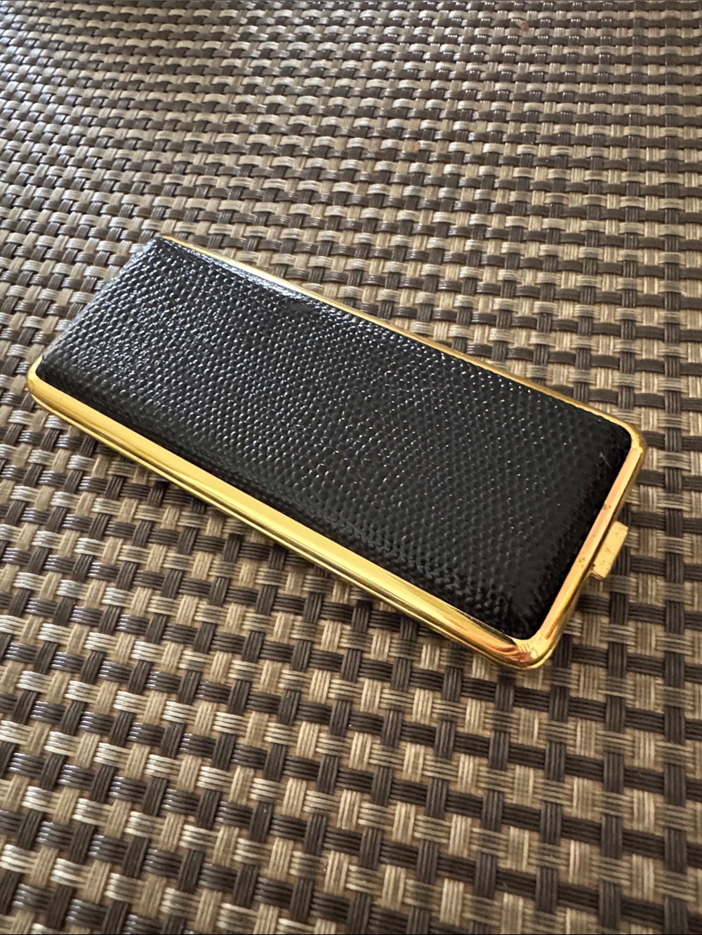 Beautiful Vintage Made In Germany Black Leather and Gold Trim Cigarette Case.